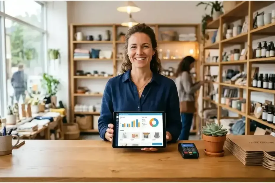 Small retail store owner using a tablet point-of-sale app to manage sales and inventory at a modern shop counter
