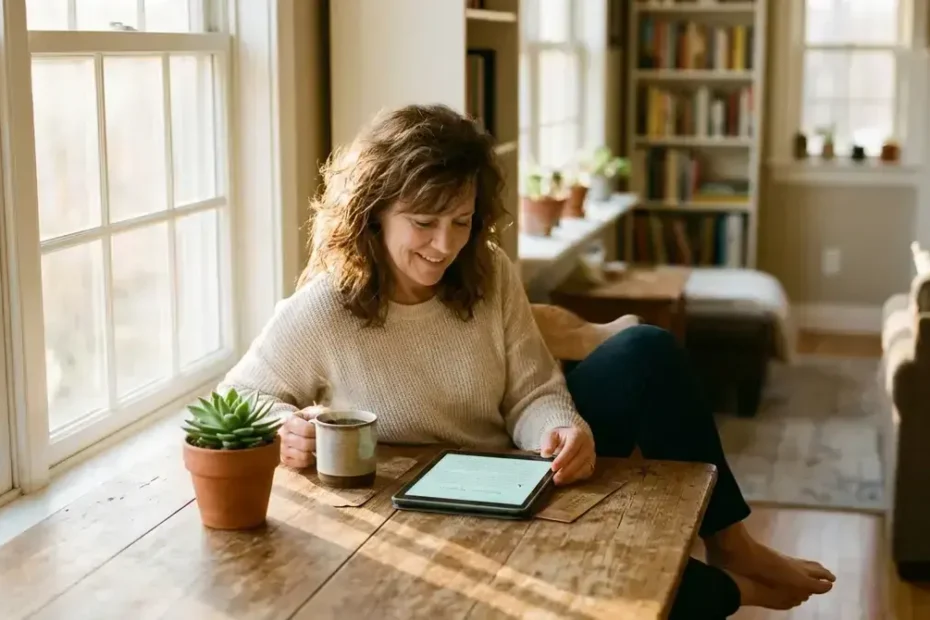 Person reading faith-based devotional content on a tablet during a peaceful morning at home in the USA