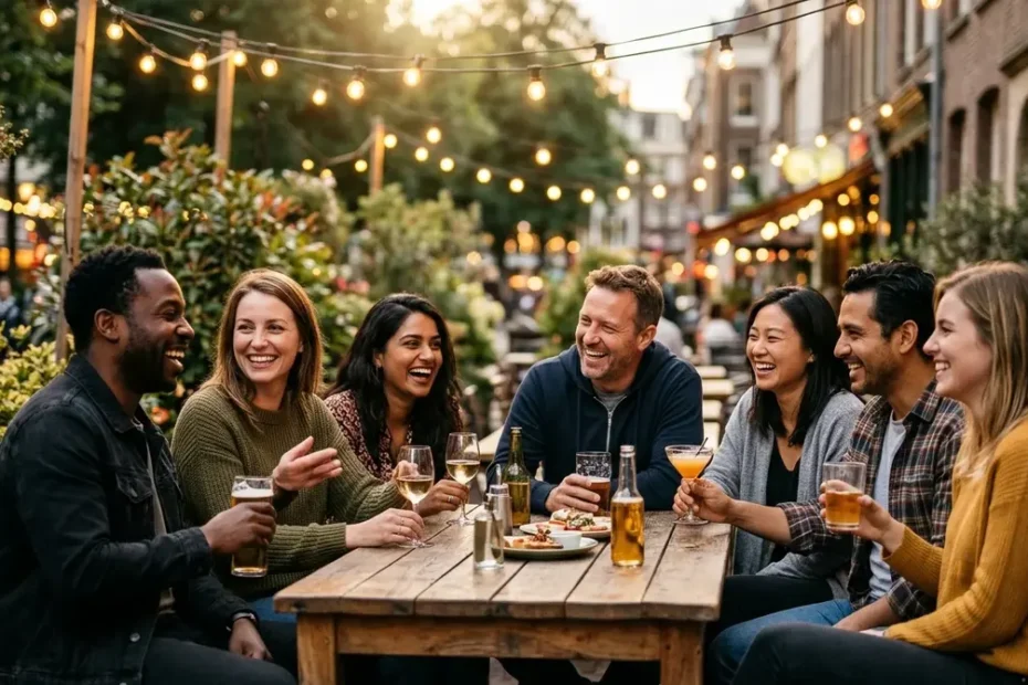 Diverse group of adults laughing together at a casual outdoor Club Pui social community meetup