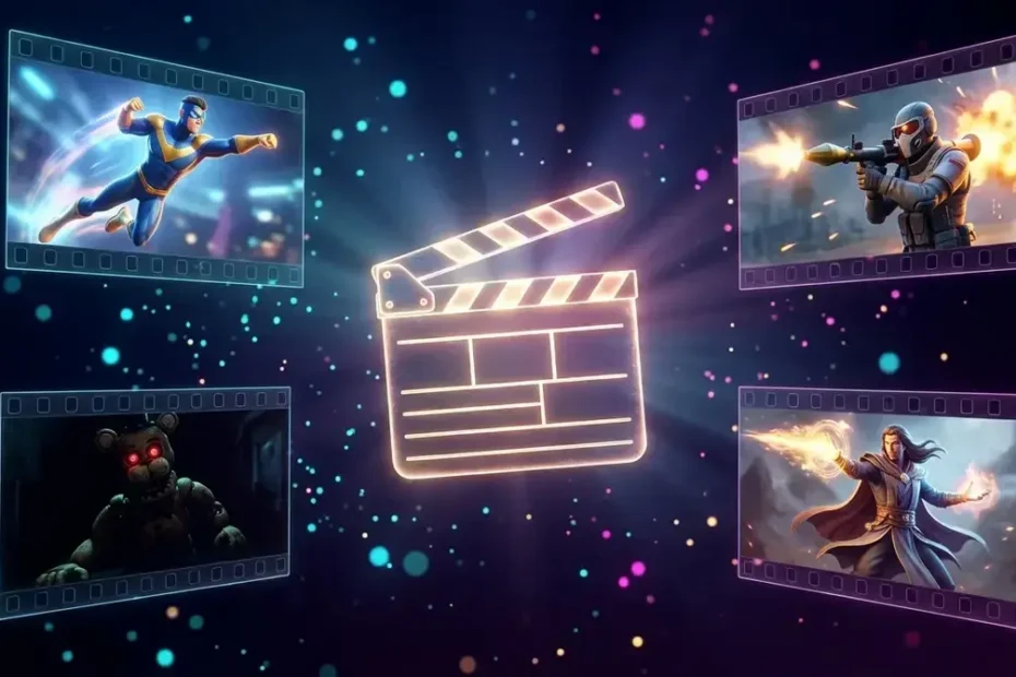 Cinematic digital artwork of holographic screens showing 3D animated game characters in action poses surrounding a glowing film clapperboard, representing SFM compile club compilation culture