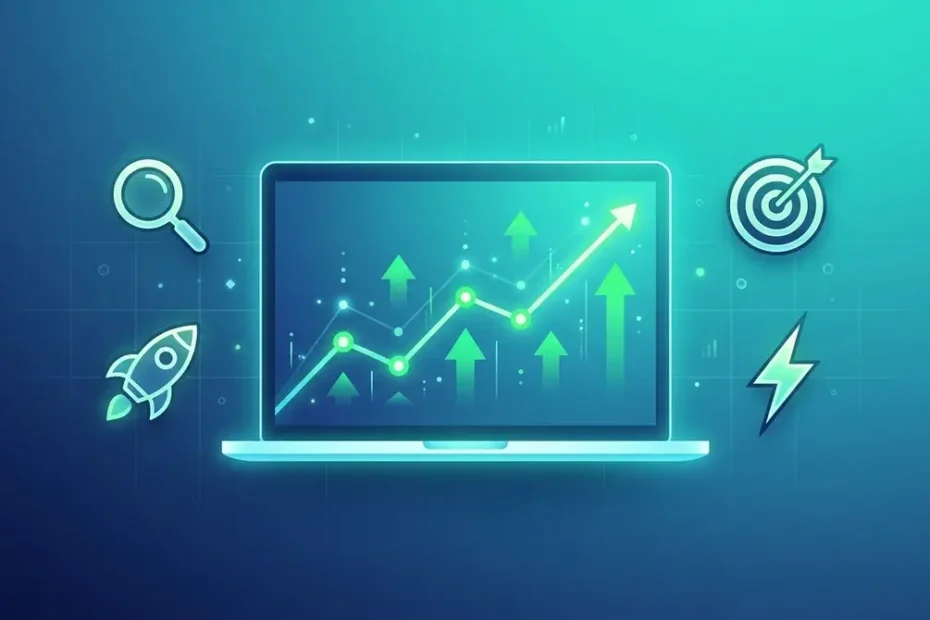 Rising search analytics graph on a laptop screen with SEO growth icons including a magnifying glass and rocket symbolizing instant website visibility in search results