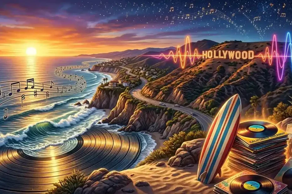 California coastline at sunset with musical notes, vinyl records, and the Hollywood sign representing the state's iconic music history