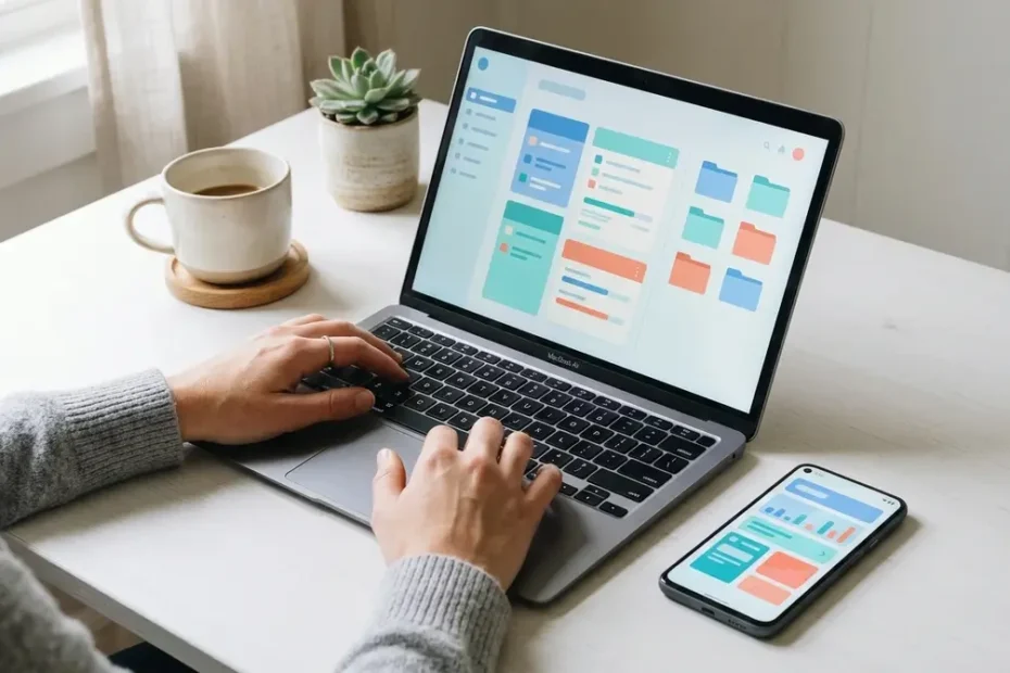 Person using zavalio com dashboard on a laptop showing task management and file organization tools on a clean desk setup